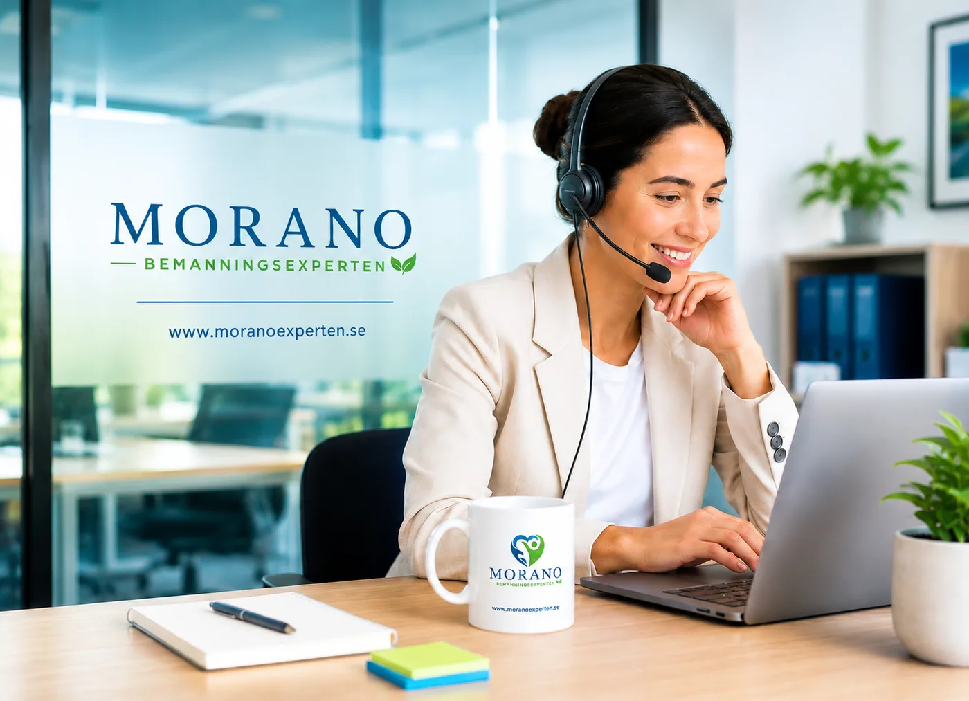 Kundtjänstmedarbetare hos Morano BemanningsExperten vid en dator, med Morano-logotyp på glasväggen bakom och på kaffemuggen